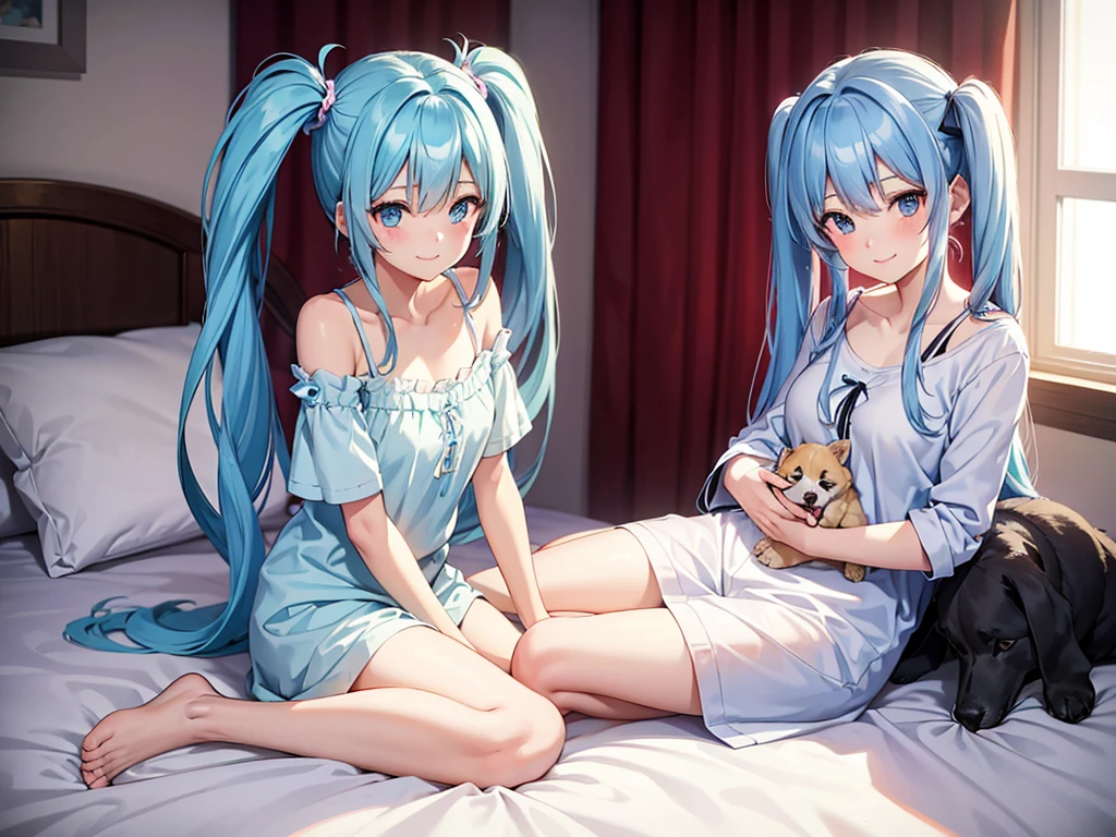 A beautiful girl with long light blue hair and twin tails, sitting on the bed while holding a cute body pillow, a bright smile adorned by Margaret, and a pet dog next to the bed.