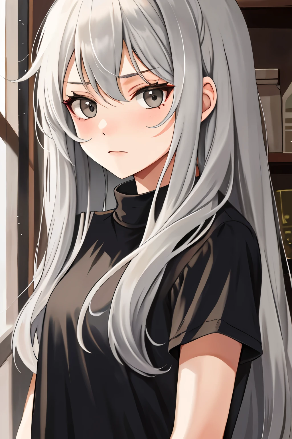 young girl with long light grey hair, grey eyes, and has an apathetic expression on her face