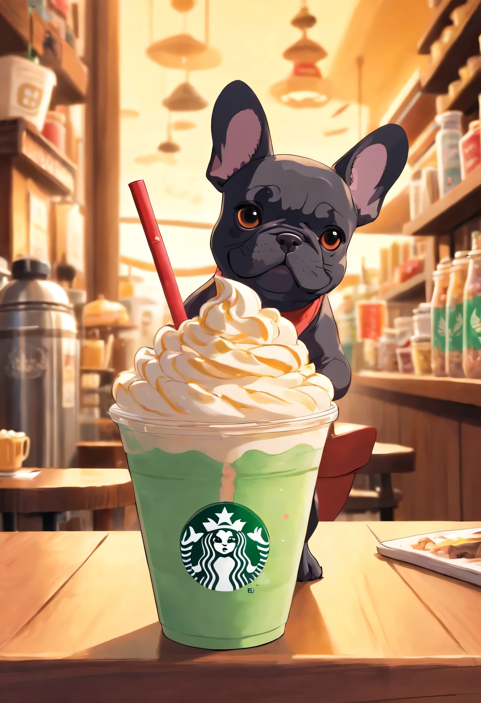 single, Playful and cartoonish French bulldog shaped mug, Colorful Starbucks-style Frappuccino, french bulldog logo.