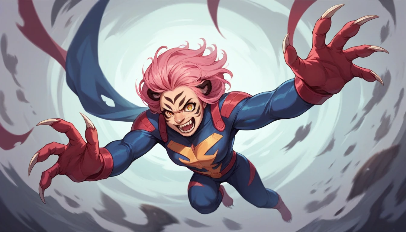 Werewolf girl with metal claws pink hair super hero costume tiger eyes flying in air (realistic) (masterpiece)