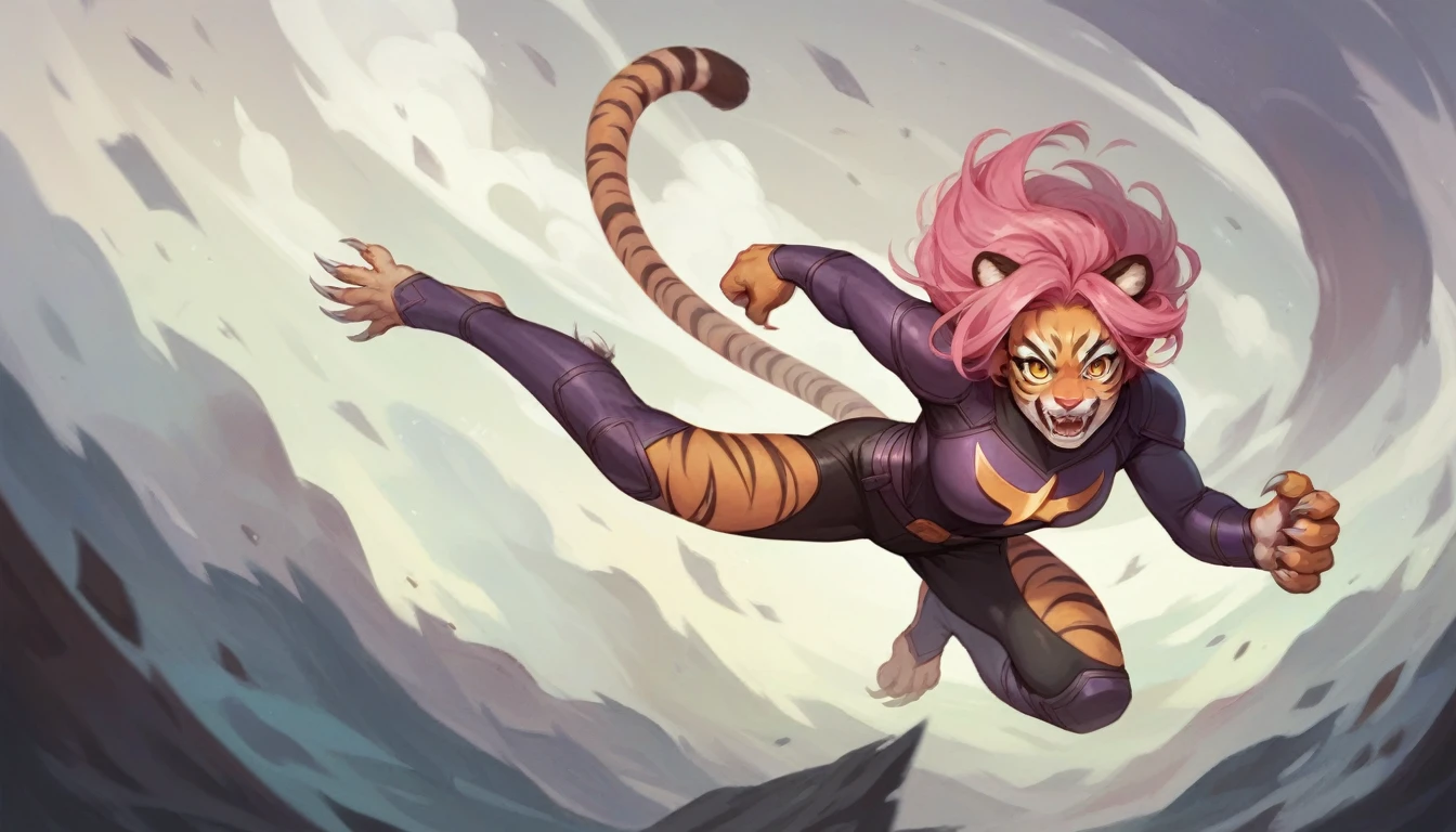 Werewolf girl with metal claws pink hair super hero costume tiger eyes flying in air (realistic) (masterpiece)