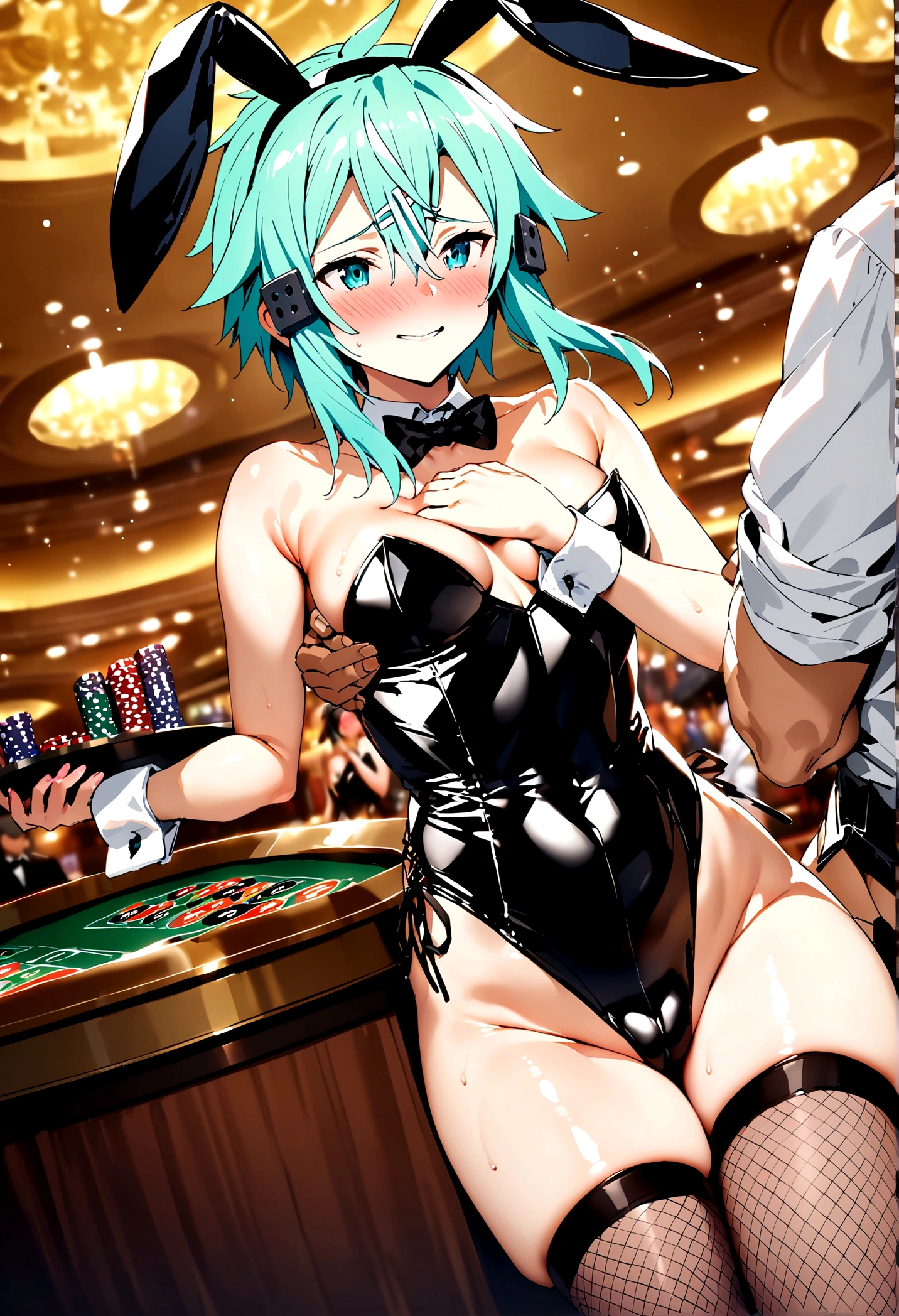NSFW,masterpiece,Highest quality,High resolution,Super detailed,Sinon\(Sword Art Online\),Playboy Bunny,Streaks,Large fishnet stockings,Embarrassed,expectant face,Bad smile,blush,casino,tray,Being sexually harassed,(Molester),Body touch