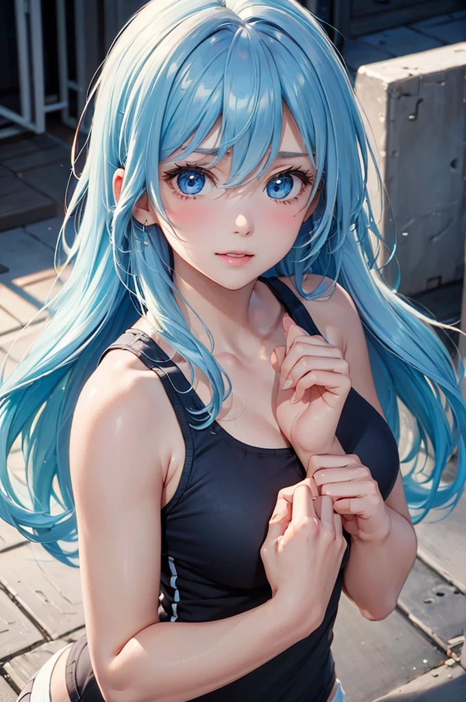 (Best Quality,High resolution,8K,finelity detailed background,Masterpiece:1.2),beautiful girl,Shiny light blue hair,messy hair,Light blue eyes,Gentle look,A refreshing look,Best quality,Best Quality,Aesthetic and aesthetic:1.2,Best details((Super detailed))(High-definition CG illustrations),Tank top,Training wear,Slender body,playground,smile,blush,cute,Scrounge,Looking up,Being spoiled,super model,shoot from above