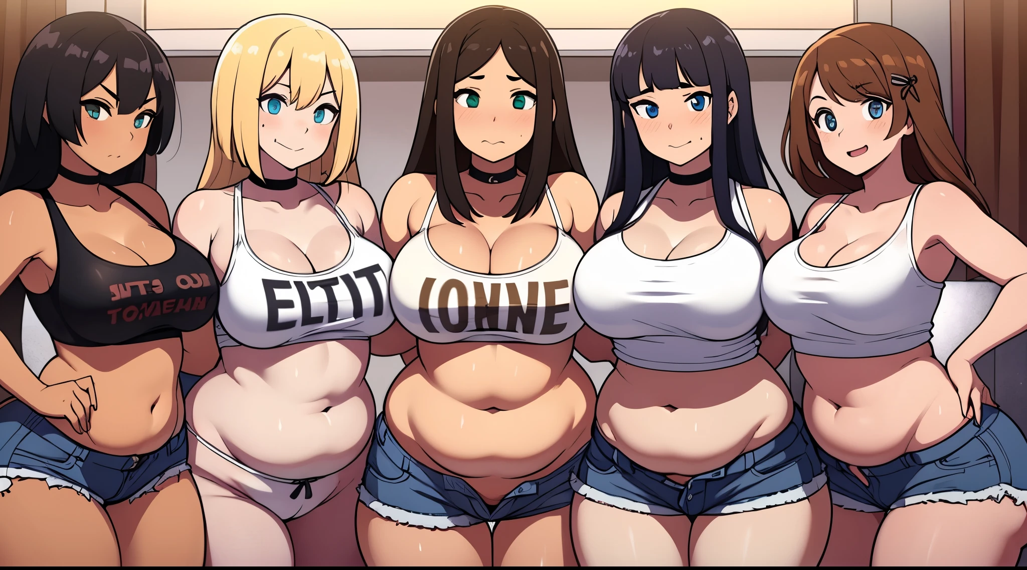 ((Masterpiece)), perfect anatomy, perfect shading, field of depth, (best quality), extremely delicate and beautiful, perfect lighting, detailed face, ultra cute face, cute, (cowboy shot 1.2), full body, (((2girls))), ((2 girls 1 and 2))

Girl 1: has long hair, fluffy hair, blonde hair, blue eyes, ((blush)), (embarrassed), extremely tight clothes, medium breasts, cleavage, perky breasts, ((wide hips)), (thick thighs), ((chubby)), pudgy belly, fat rolls, belly hang,

Girl 2: has short hair, fluffy hair, brown hair, green eyes, ((blush)), worried, chocker, extremely tight clothes, medium breasts, cleavage, perky breasts, (((wide hips))), ((thick thighs)), ((big butt)), ((plump)), chubby belly, fat rolls, belly hang, she has a jiggly belly,

Fast food resterant, intricate background, detailed background, girls are standing next to each other, (white tank top 1.2), (shorts 1.2), hands on hips, harem, girls lined up