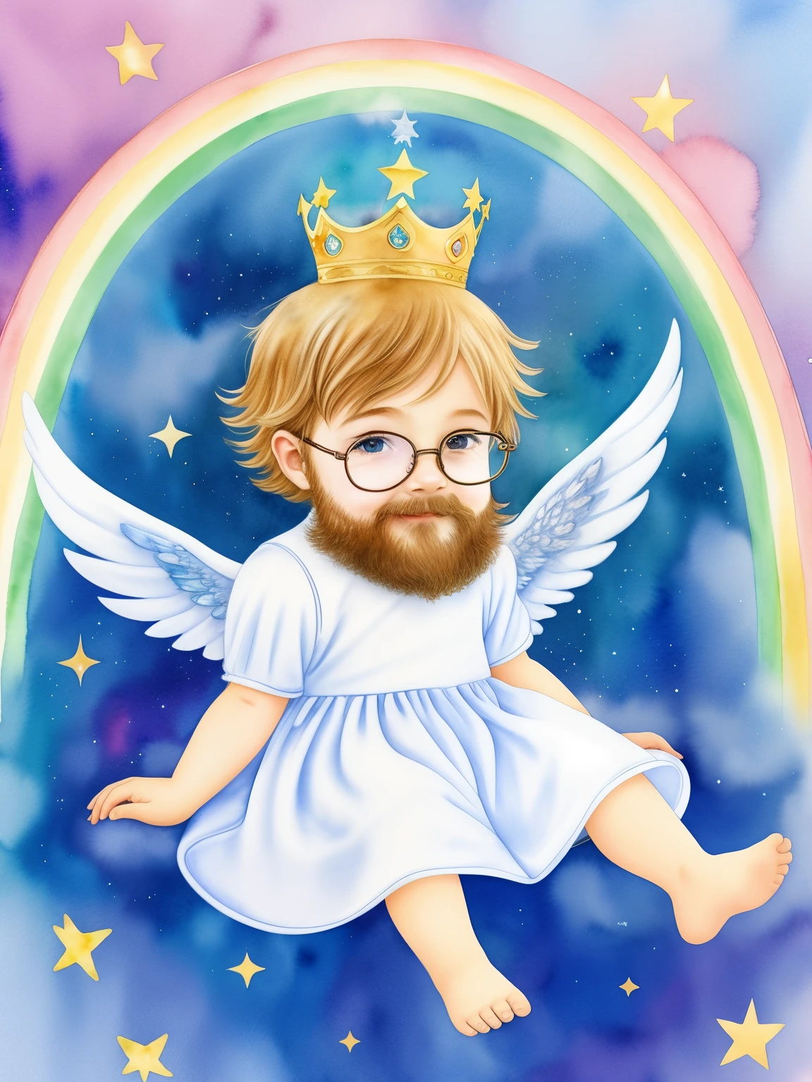 chibi、beard, Glasses, Watercolor、Children's Angel、Image of sitting on a soft cloud。The background is a clear blue sky、A rainbow is hanging。Around the angel、Sparkling particles of light and tiny stars are dancing。The angel costume、White gown and little gold crown。A gentle smile appeared on his face、The angel&#39;s wings shine as they reflect the light。