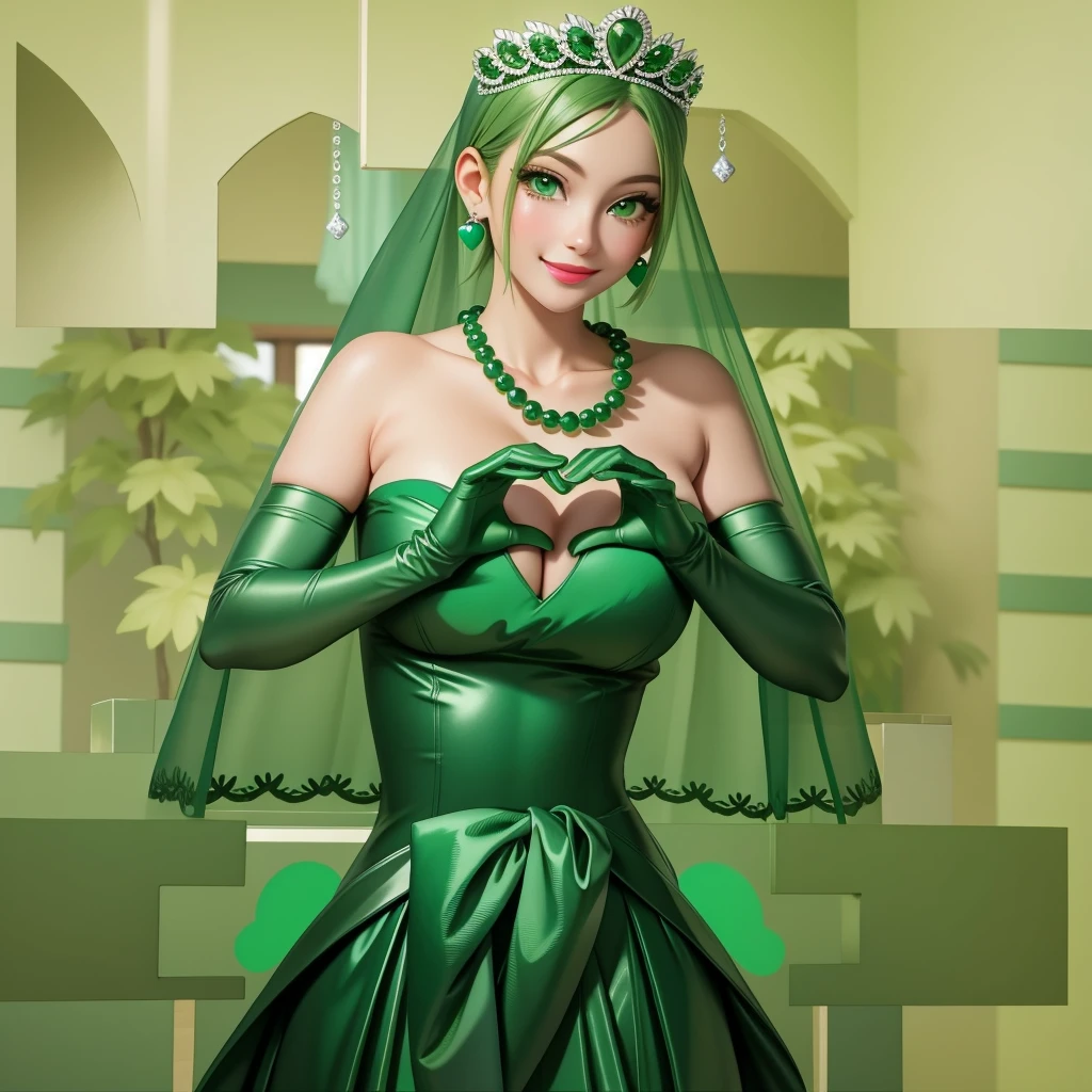 Emerald tiara, Green Pearl Necklace, ボーイッシュな非常に短いGreen Hair, Green Lips, Smiling Japanese woman, Very short hair, Busty beautiful lady, Green Eyes, Green satin long gloves, Green Eyes, Emerald Earrings, Green veil, Heart with both hands, Green Hair, Beautiful Japanese Woman, Heart shaped hands:1.3, green lip gloss