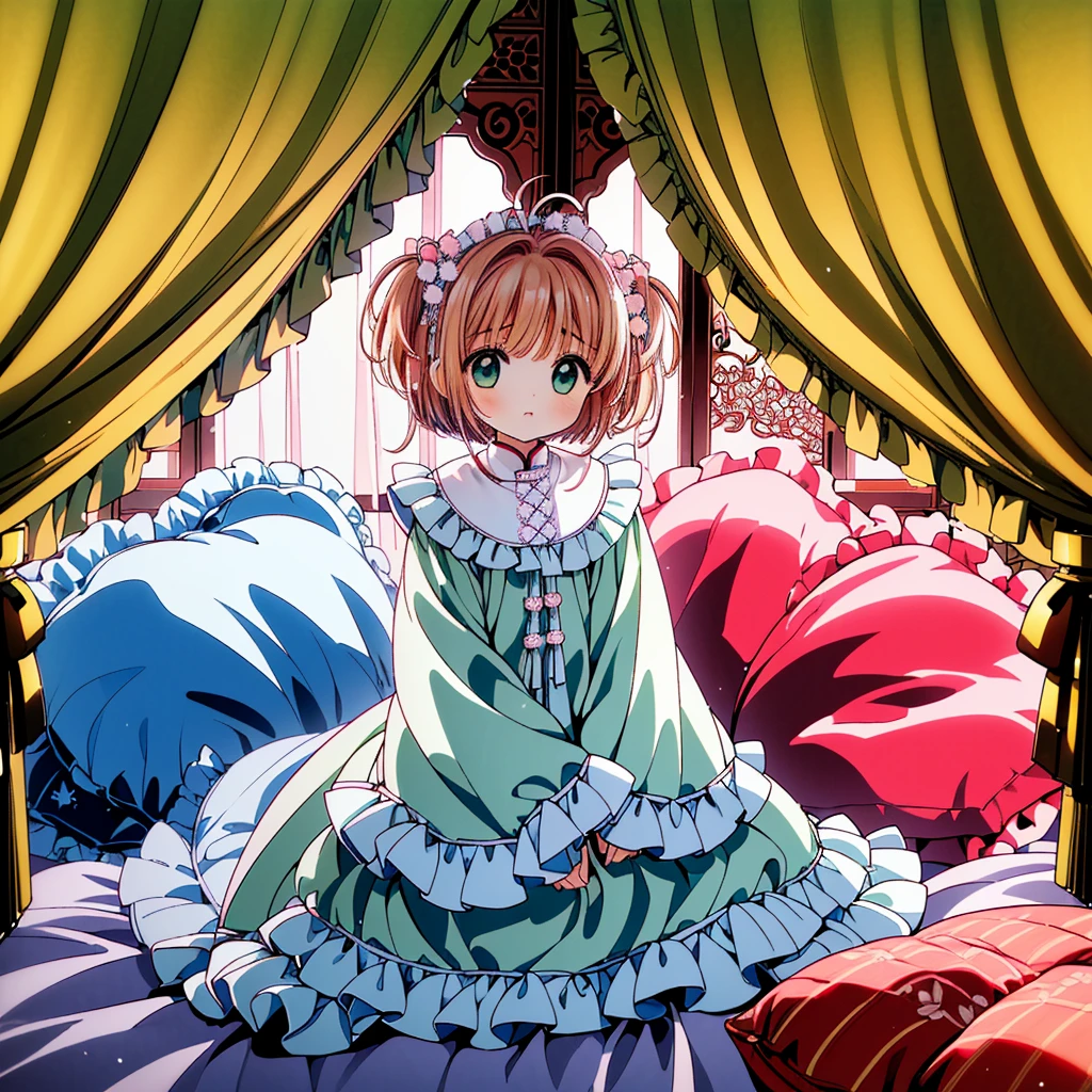 (masterpiece,best quality,best quality, masterpiece),my own, , , (适合任何Pillow背景的光影)), 穿着pajamas可爱女孩在Pillow上摆姿势 ,pajamas,,(很多Pillow),Soft cushion,,,,很多Pillow,,,(Pillow),(A tail),,(充满细节的Pillow),(Love around the protagonist),Steam,,(Pillow),(palace),(Palace bedroom),(Pillow),柔软的Pillow,,(Classical European style bedroom ),(excited,shy person,Lack of expressiveness,),,, ((Maximum resolution)), artwork, ,,,(Interior of the palace),,(Deluxe Rococo Canopy King Bed),On a big and spacious bed,(),,,,Luxurious curtains with ornate ruffles and ribbons surround the bed,((((There are many pillows piled on the bed)))),Detail of Quilt,Detailed bed sheets,Ruffled Bed Skirt,Deep Bed,Background with depth,((详细的Pillow)), ((((大量的Pillow)))),,Shaking lines,,Flowing liquid,Violent body shaking,Violent shaking lines,详细的软Pillow,,((女孩正躺在许多柔软的Pillow上,周围有许多Pillow)),。Many small feathers fluttering、 带褶边和缎带的长裙pajamas、In a huge, Large canopy bed、Soft pink sheets and quilt、色彩鲜艳的柔软Pillow、很多带褶边的Pillow和带褶边的床裙、Soft toned bed、Ruffled curtains around the bed.。Delicate face。Background with depth,kinomoto sakura,(kinomoto sakura, 1girl, brown hair, short hair, antenna hair, , green eyes),,pink dot pillow