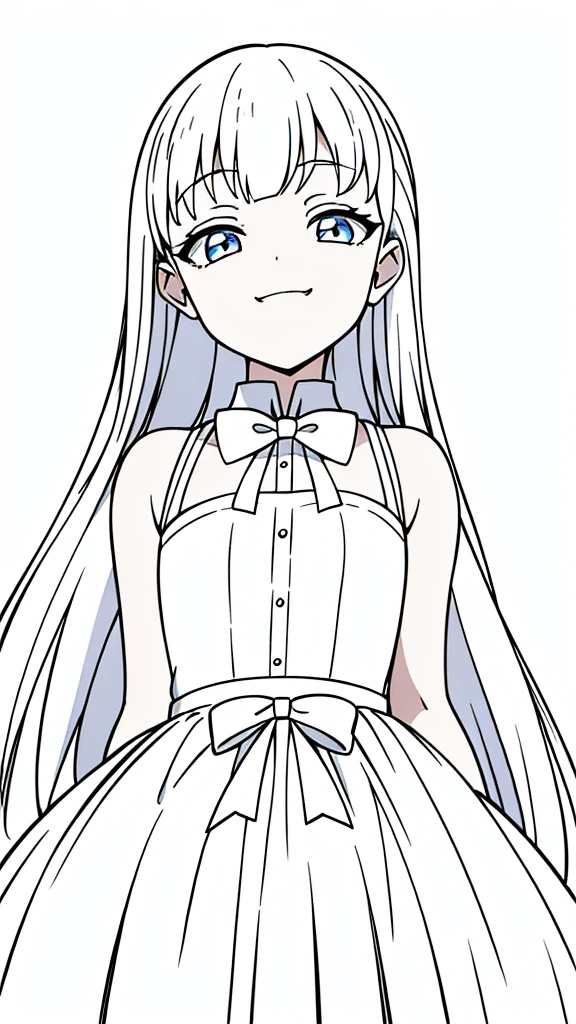 (1girl,8 years old,small),white hair,long hair,white dress, sleeveless, bow tie, bare shoulders,(white background,line drawing),squinted eyes,:D,evil smile,from below