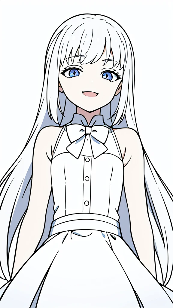 (1girl,8 years old,small),white hair,long hair,white dress, sleeveless, bow tie, bare shoulders,(white background,line drawing),squinted eyes,:D,evil smile,from below