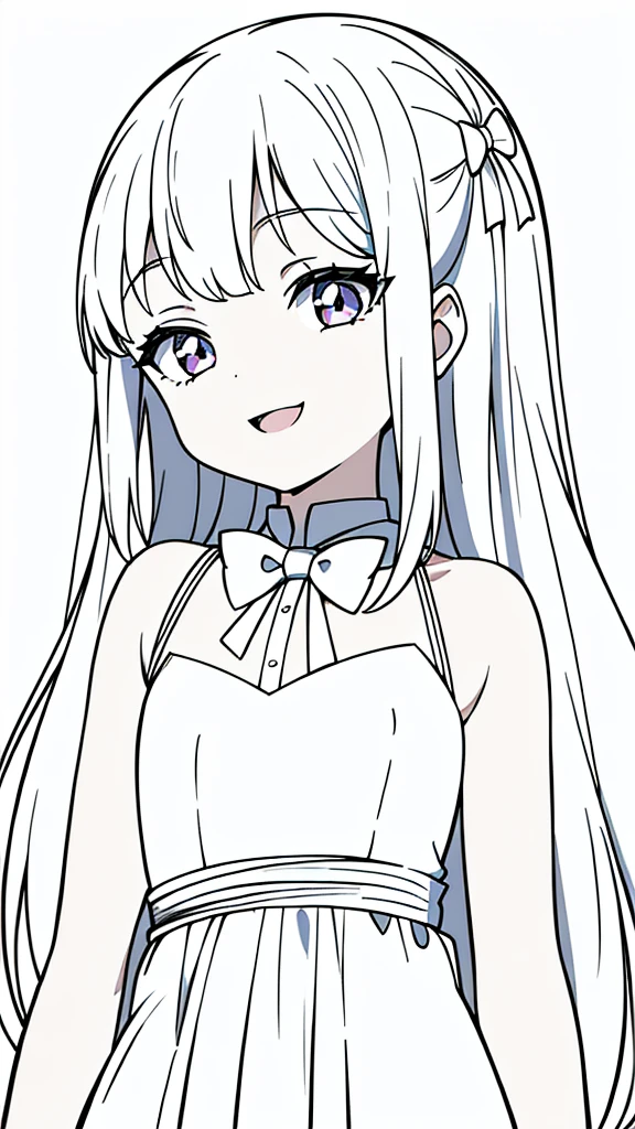 (1girl,8 years old,small),white hair,long hair,white dress, sleeveless, bow tie, bare shoulders,(white background,line drawing),squinted eyes,:D,evil smile,from below