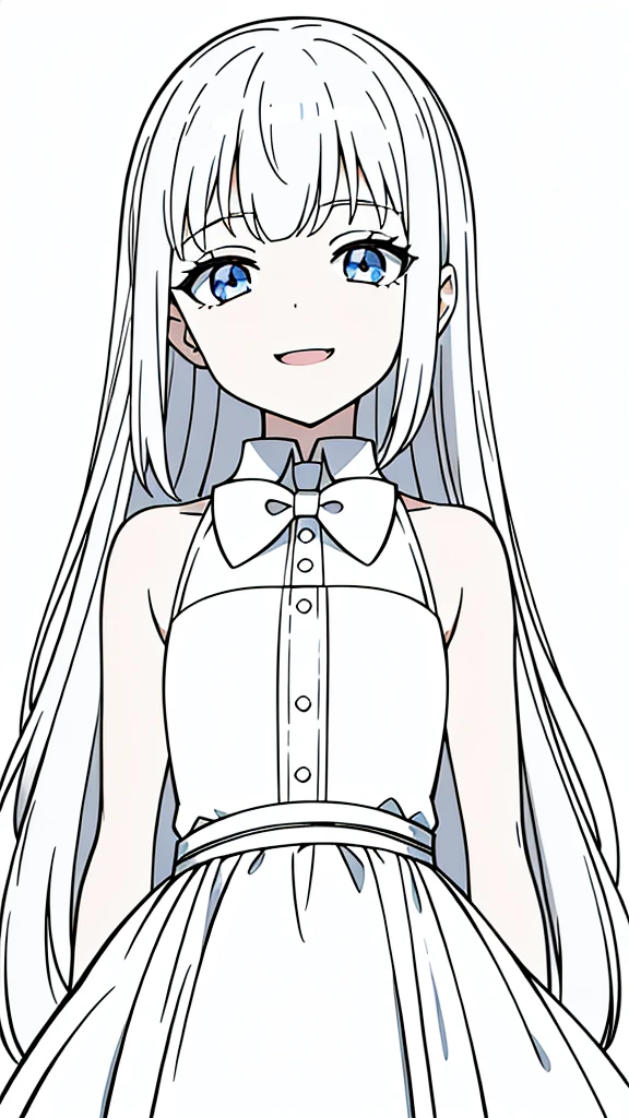 (1girl,8 years old,small),white hair,long hair,white dress, sleeveless, bow tie, bare shoulders,(white background,line drawing),squinted eyes,:D,evil smile,from below
