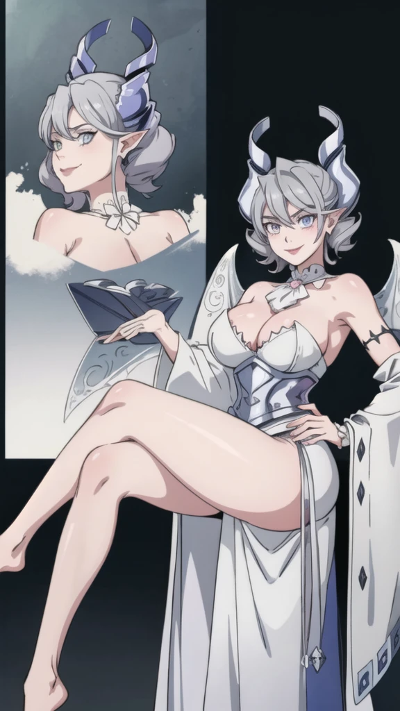 High level image quality best image quality 8K adult woman silver castle outside more colors whole body view portrait horn ears short hair((shortcut)(gray hair)(perm)(fluffy)) eye color is blue , , attractive evil face , smile , sexy pose , labrynth , barearm , wearing pink , large wings , standing , crossed legs, view foot arc , view behind
