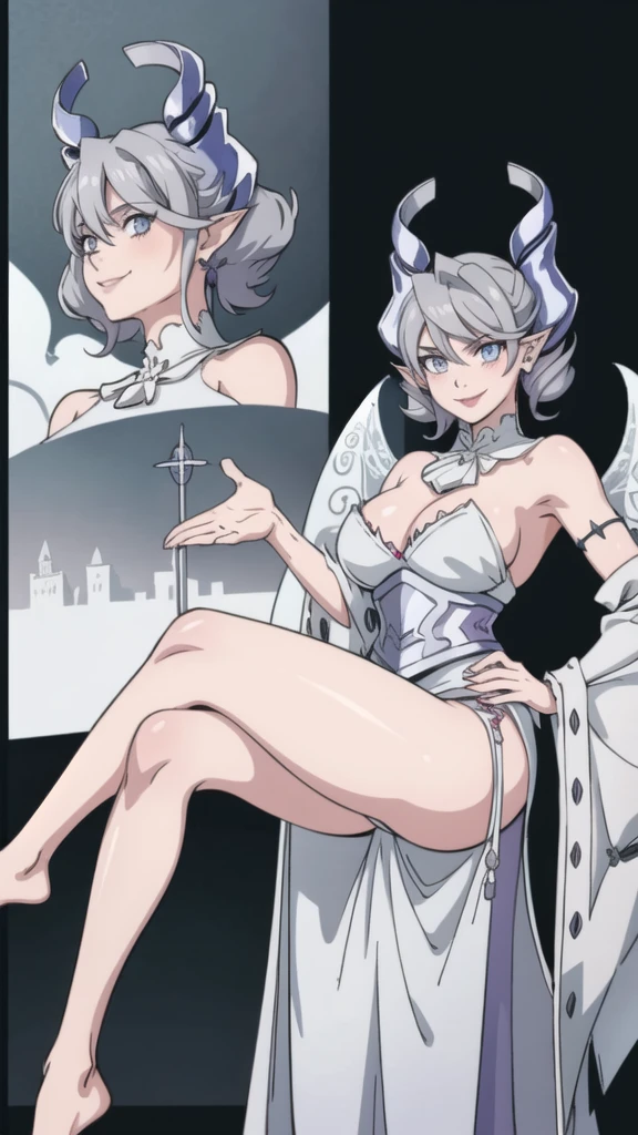   High level image quality　best image quality　8K　 adult woman   silver castle outside  more colors   whole body view　portrait   　horn    ears  　short hair（（shortcut）（gray hair）（perm）（fluffy））　eye color is blue ,  , 　attractive evil face , smile    ,  sexy pose   ,  labrynth ,  barearm    , wearing pink , large wings    , standing  , crossed legs, view foot arc   , view behind