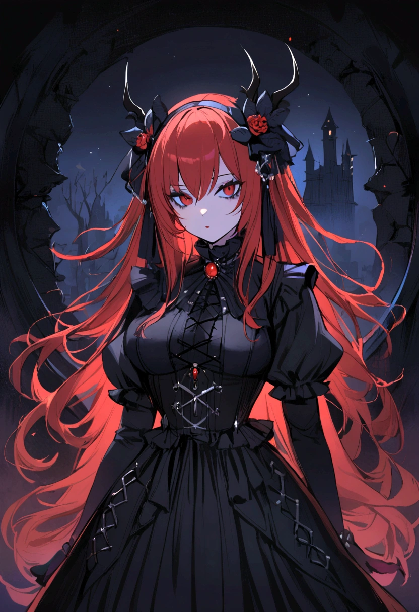 1 girl, gothic style, in a dark place, the night, with red hair, wearing a bold outfit,.