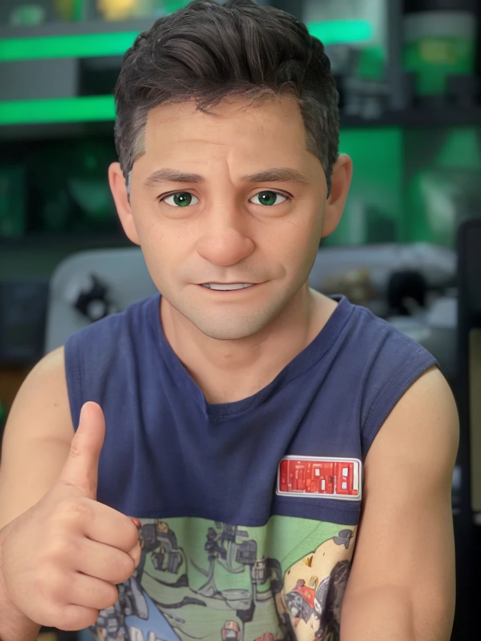 45-year-old man, short gray hair, green eyes, working in front of the computer, with an expression of astonishment at what he is seeing, white t-shirt with a green blouse, in the background we can see shelves with miniature cars. There is a cell phone on the table that is ringing.