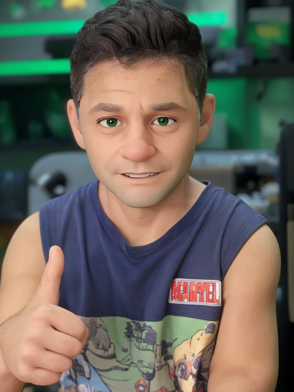 45-year-old man, short gray hair, green eyes, working in front of the computer, with an expression of astonishment at what he is seeing, white t-shirt with a green blouse, in the background we can see shelves with miniature cars. There is a cell phone on the table that is ringing.