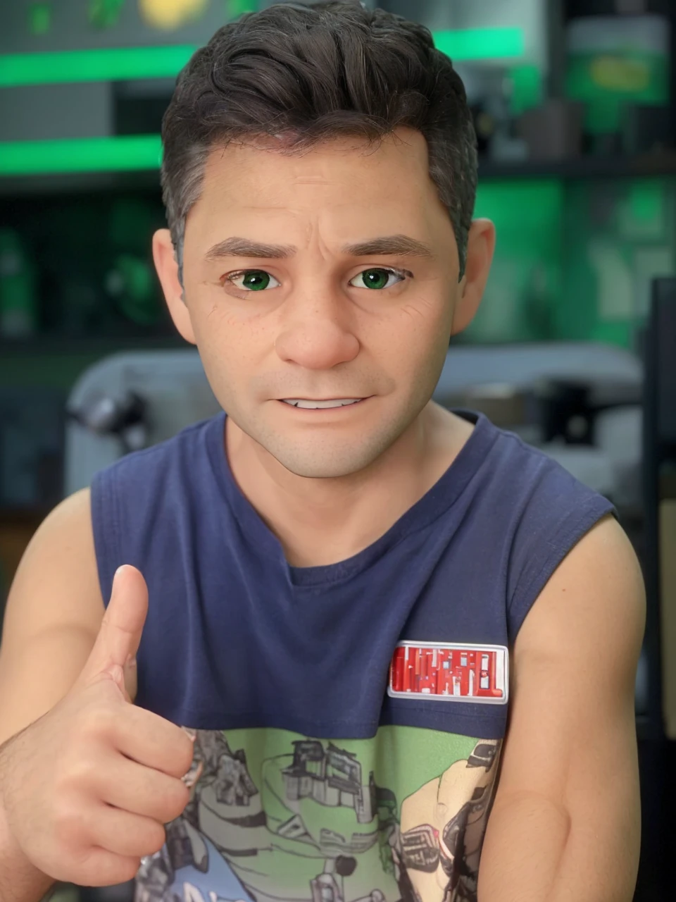 45-year-old man, short gray hair, green eyes, working in front of the computer, with an expression of astonishment at what he is seeing, white t-shirt with a green blouse, in the background we can see shelves with miniature cars. There is a cell phone on the table that is ringing.