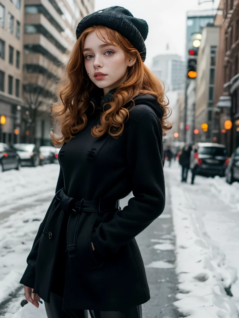 Caucasian woman, ((Ginger hair)), (((curly hair))), ((medium hair)), (((honey eyes))), lined eyes, shiny eyes, (highlights eyes), red lipstick, makeup, ((athletic body)), ((small breasts)), ((legs)), ((Black wool coat)), an ushanka, (Black wool sweater), ((Big sweater)), ((black sweater)), ((black lycra pants)), in the city full of snow, cold atmosphere, Earrings, side shot. 
