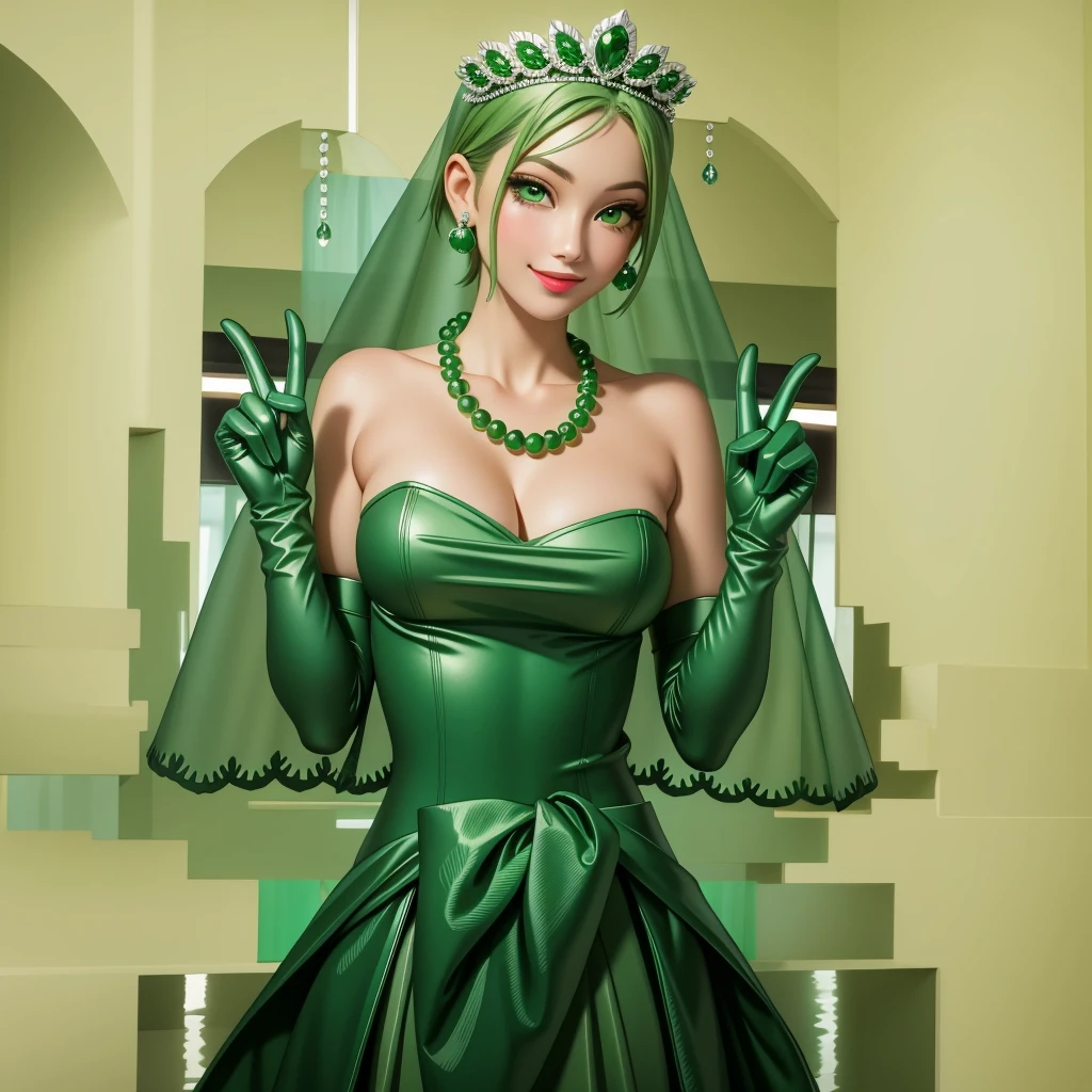 Emerald tiara, Green Pearl Necklace, ボーイッシュな非常に短いGreen Hair, Green Lips, Smiling Japanese woman, Very short hair, Busty beautiful lady, Green Eyes, Green satin long gloves, Green Eyes, Emerald Earrings, Green veil, all of, Green Hair, Beautiful Japanese Women, green lip gloss