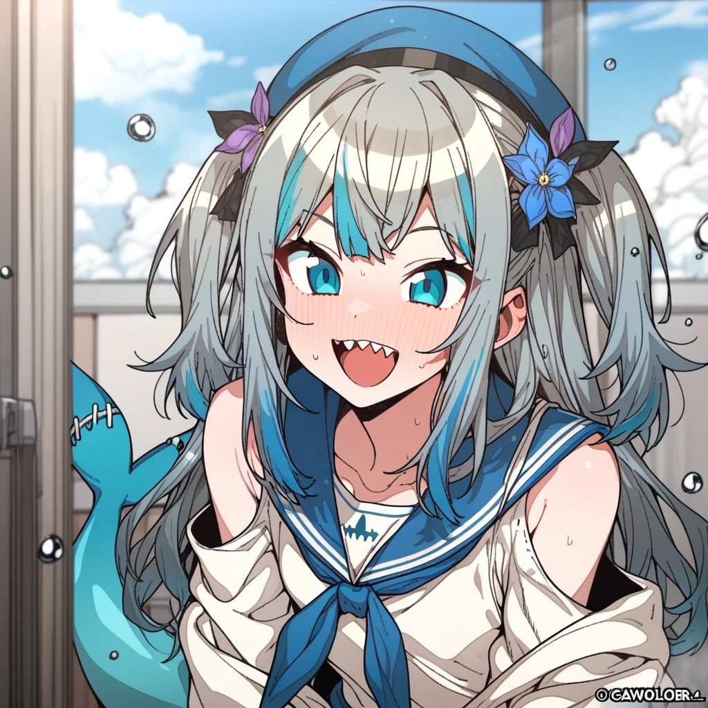 1girl, rei \(rei's room\), moketa, erere, absurdres, greyscale, hatching \(texture\), depth of field, ((very aesthetic, best quality, ultra detailed)), best quality, newest, hololive, hololive english, gawr gura, :d, alternate costume, bare shoulders, beret, blue eyes, blue flower, blue hair, blue hat, blue nails, blue sailor collar, blue sky, blush, clothing cutout, cloud, collarbone, copyright notice, day, dress, fins, fish tail, flower, glint, grey hair, hair ornament, hat, leaning forward, multicolored hair, nail polish, open mouth, outdoors, purple flower, sailor collar, sailor dress, shark tail, sharp teeth, shoulder cutout, sky, smile, solo, standing, streaked hair, tail, teeth, two side up, virtual youtuber, water drop, white dress