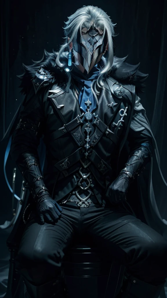 Dottore (Genshin Impact), (best quality,4k,highres:1.2), ultra-detailed, (realistic,photorealistic:1.37), full body, 40-year-old man, arrogant face, sharp features, slim face, thin face, detailed face, fatigued expression, He has long hair and wears a black pointed mask covering his eyes. He is wearing a white coat with silver inserts over a blue shirt and loose black trousers. There are a lot of black belts and blue details on the clothes, resembling Hydro or Cryo elements. Dottore wears black fur, which is attached to the right shoulder pad, resembling a plague doctor mask, dark and moody lighting, portrait, contrasting colors, subtle shadows, mysterious atmosphere