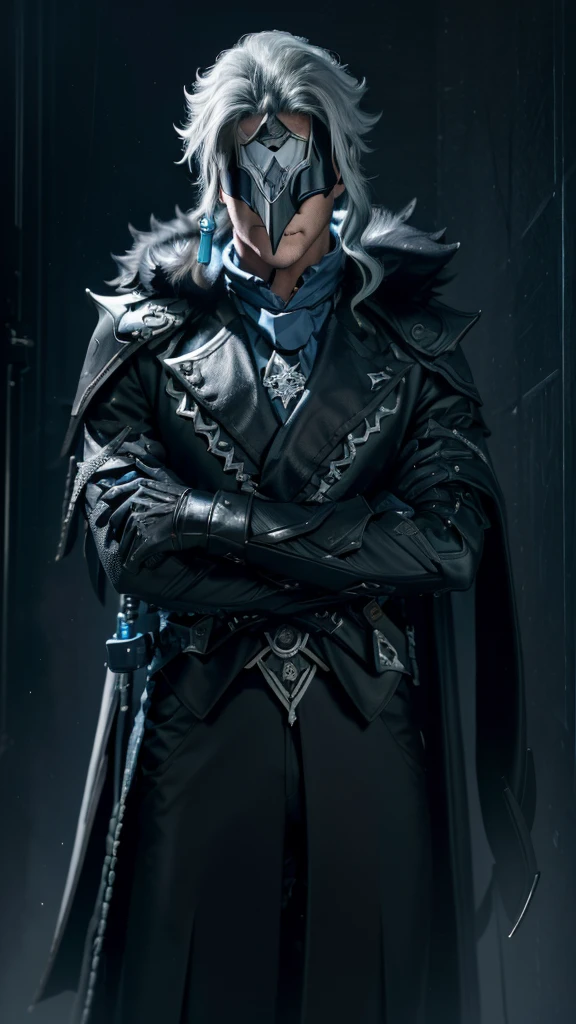 Dottore (Genshin Impact), (best quality,4k,highres:1.2), ultra-detailed, (realistic,photorealistic:1.37), full body, 40-year-old man, arrogant face, sharp features, slim face, thin face, detailed face, fatigued expression, He has long hair and wears a black pointed mask covering his eyes. He is wearing a white coat with silver inserts over a blue shirt and loose black trousers. There are a lot of black belts and blue details on the clothes, resembling Hydro or Cryo elements. Dottore wears black fur, which is attached to the right shoulder pad, resembling a plague doctor mask, dark and moody lighting, portrait, contrasting colors, subtle shadows, mysterious atmosphere