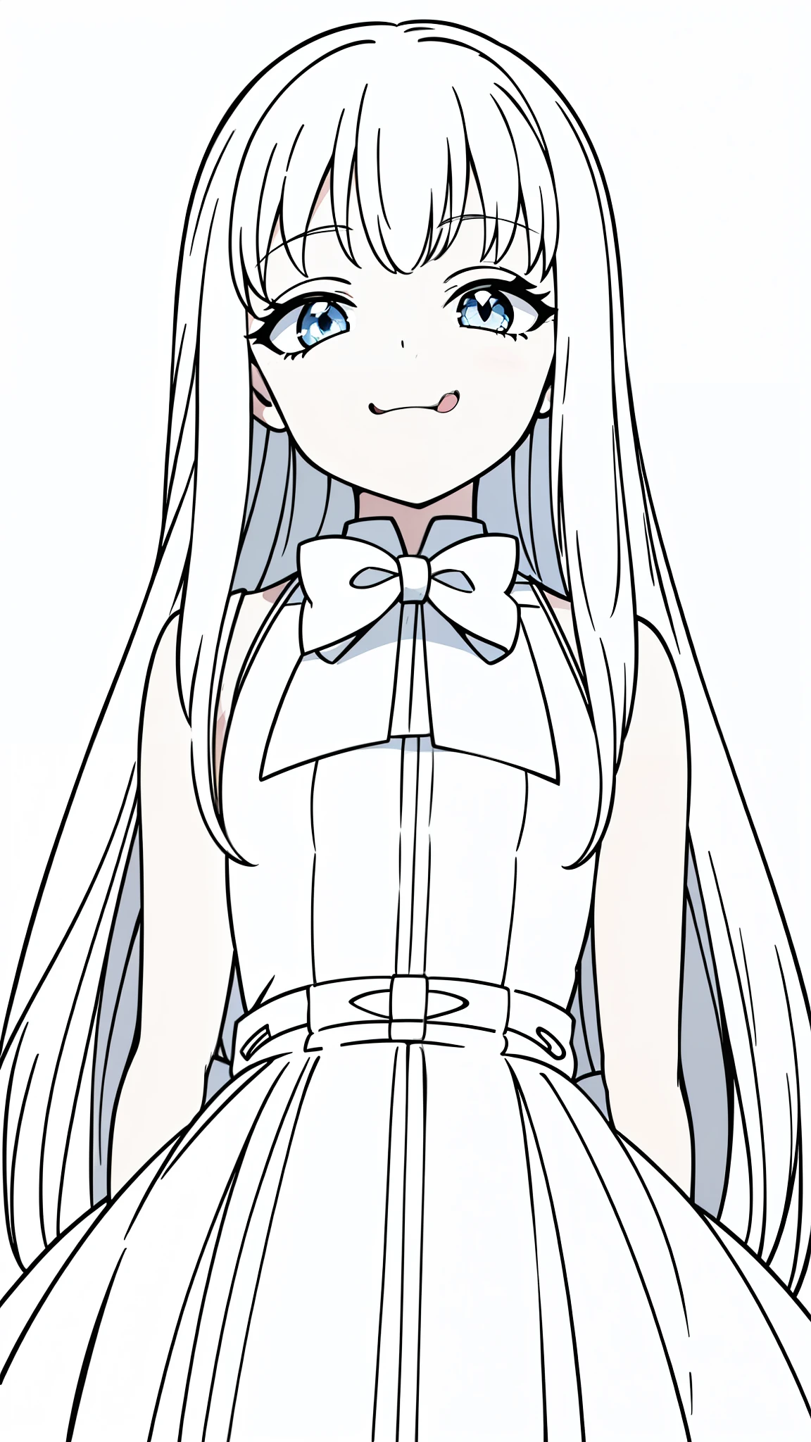 (1girl,8 ,small),white hair,long hair,white dress, sleeveless, bow tie, bare shoulders,(white background,line drawing),squinted eyes,:D, tongue out,evil smile,from below