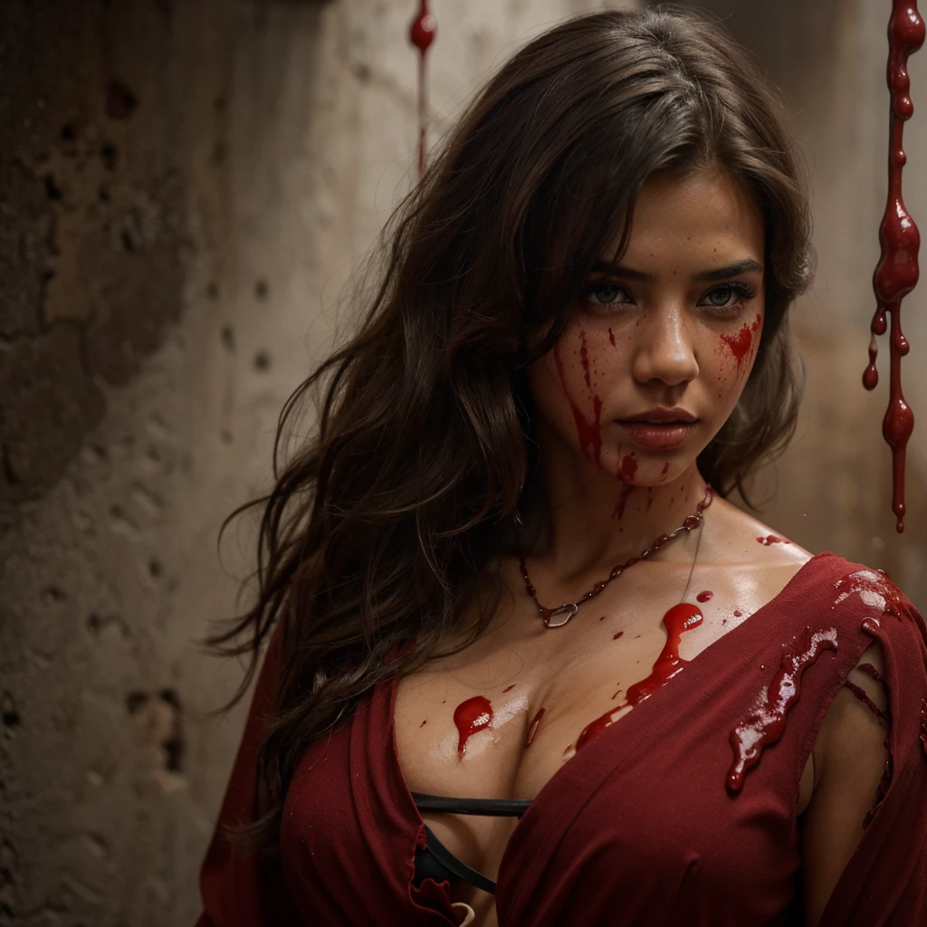 adriana lima, thick brown hair, hot , Ukrainian girl, wavy brown hair, Dasha Taran, pretty beautiful brunette, (solo one girl : 2.0), imaginar: close-up de uma silhueta de uma mulher, vestida com roupa preta e vermelha, suja de sangue com presas afiadas e olhos pretos. Ao fundo, There's a bloodied brick wall with dripping blood, and a gloomy red mist around him.