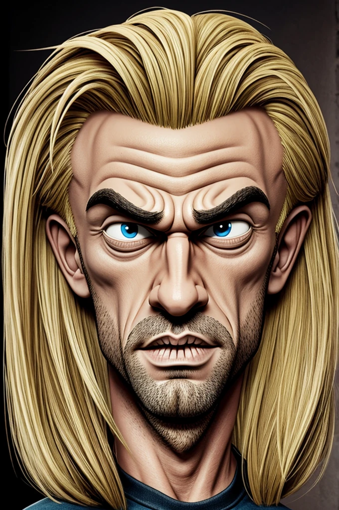 blond and muscular man in tim burton caricature