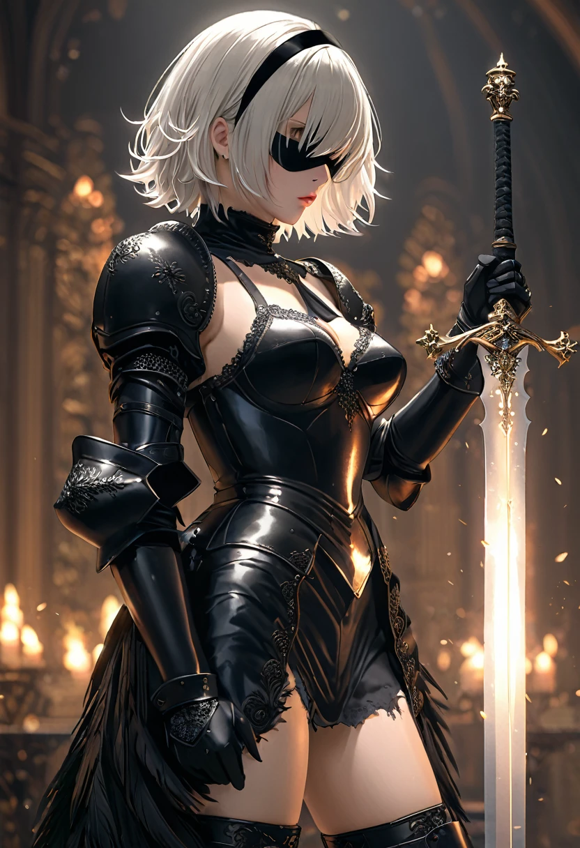 8k resolution, depth of field, photorealistic, lens flare, ((best quality)), (((intricate details))), highly detailed, (((cinematic effect))),1girl, solo, blindfold, thighhighs, weapon, black blindfold, black dress, covered eyes, sword, breasts, mole, hairband, leotard, mole under mouth, dress, long sleeves, white hair, clothing cutout, puffy sleeves, torn clothes, short hair, cleavage cutout, medium breasts, black hairband, juliet sleeves, holding, white leotard, holding sword, gloves, highleg, holding weapon, black thighhighs, facing viewer, cowboy shot, black gloves, highleg leotard, boots, thigh gap, turtleneck, vambraces, groin, thigh boots, katana,(holding her sword by the handle), lips, cleavage, closed mouth, pink lips, standing, feather-trimmed sleeves, arms at sides, torn dress, red lips, side slit, short dress, black footwear, nose, ass visible through thighs, hair over eyes, thighs, black ribbon, 2b \(nier:automata\),no anatomical defects