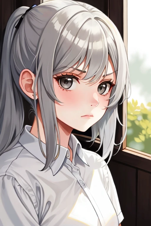 young girl with long light grey hair, grey eyes, and has an apathetic expression on her face