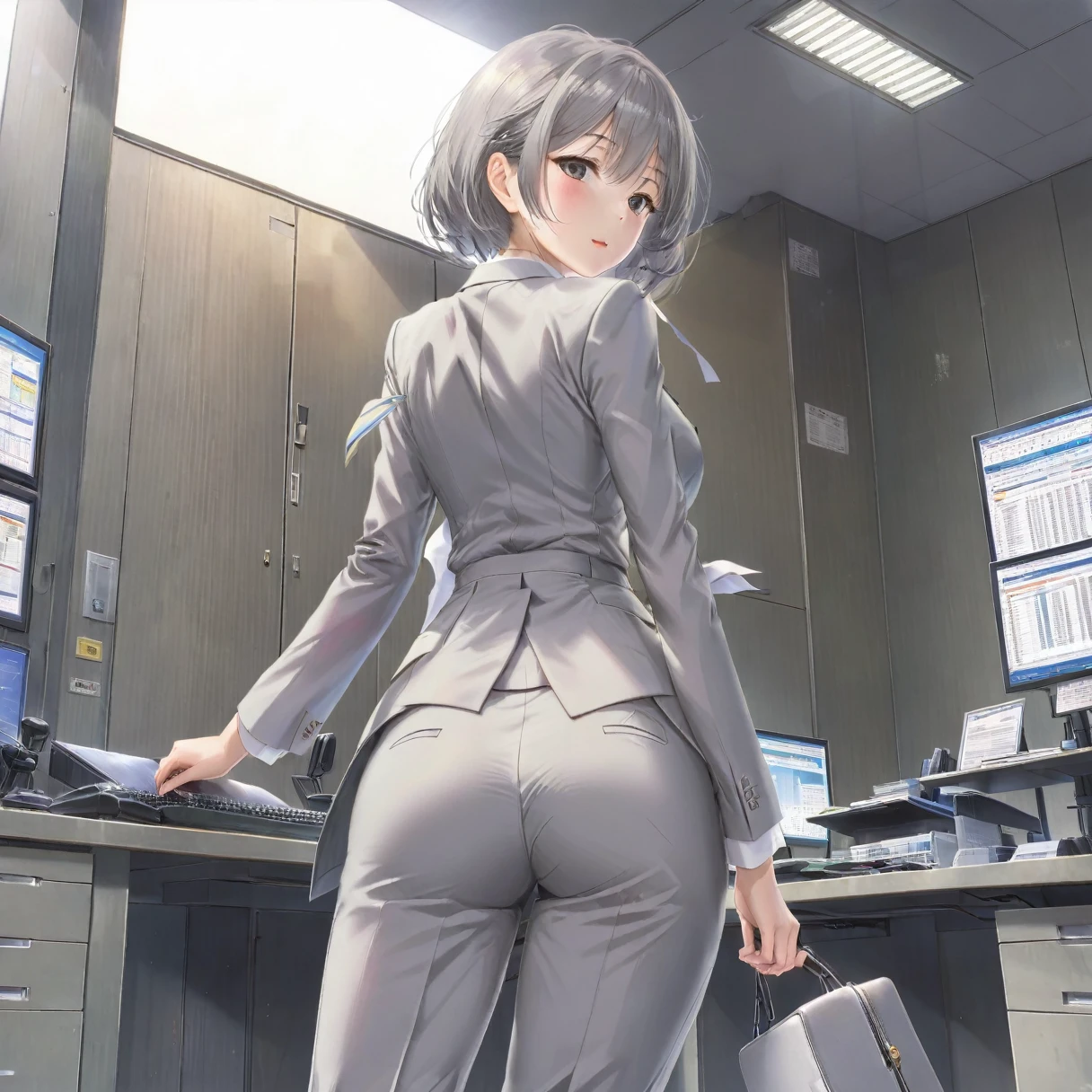 (Highest quality, 8K, 32k, masterpiece, Ultra-high resolution:1.2), One Girl, Beautiful Japanese Women, Tight waist, grey suit, White shirt, office lady, suit, Georgette pants, From behind, Office Room, mechanical, (Stick your butt out:1.2), Detailed face, short hair,