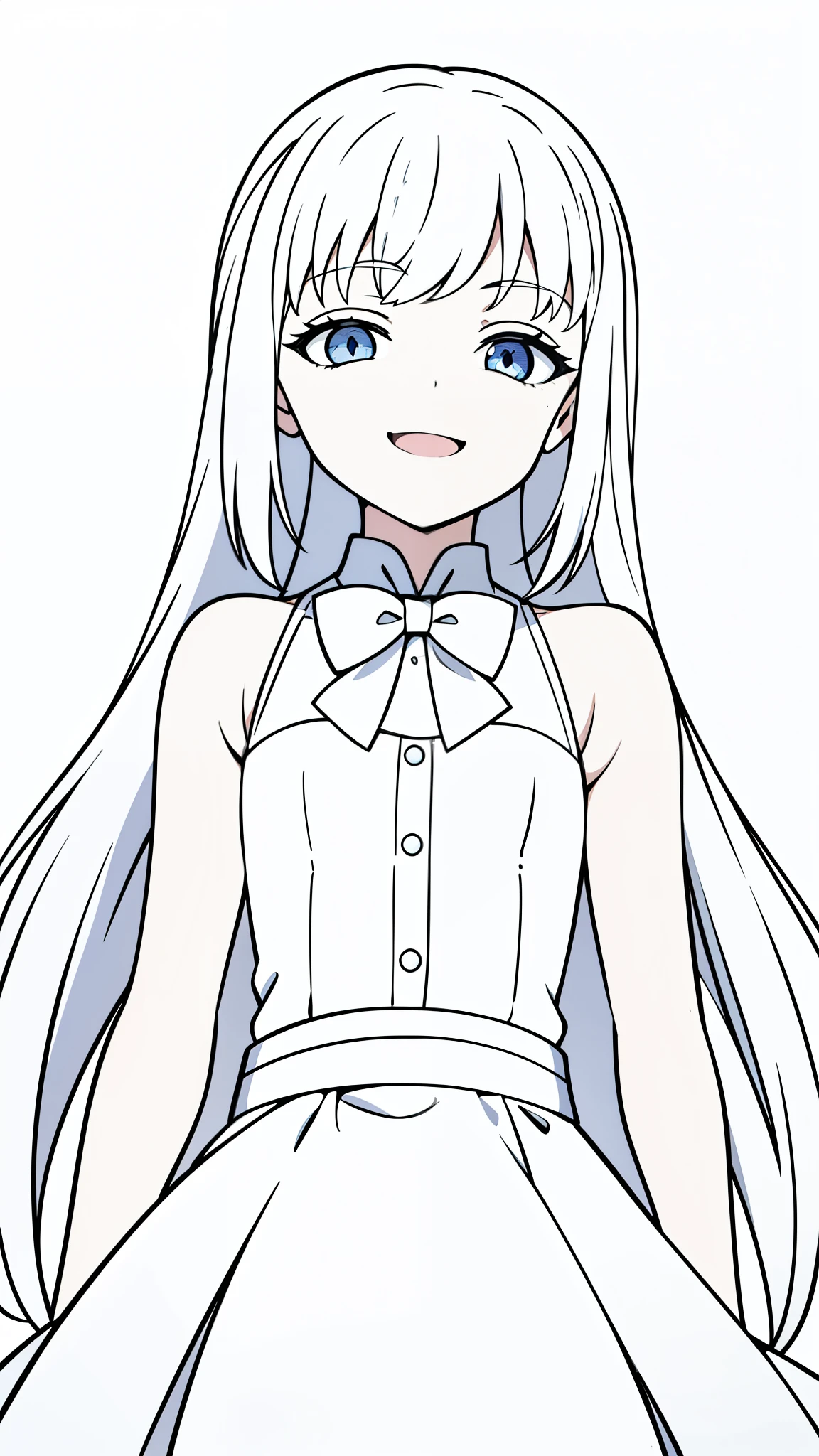 (1girl,,small),white hair,long hair,white dress, sleeveless, bow tie, bare shoulders,(white background,line drawing),squinted eyes,:D,evil smile,from below
