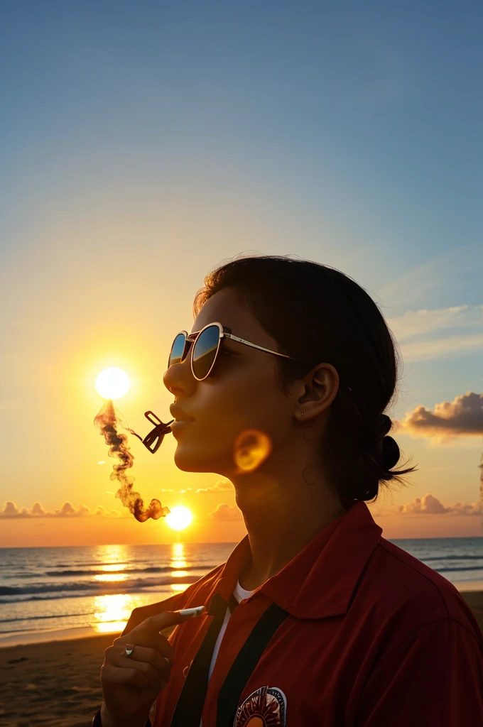 Generate a sun with glasses smoking a joint watching the sunset