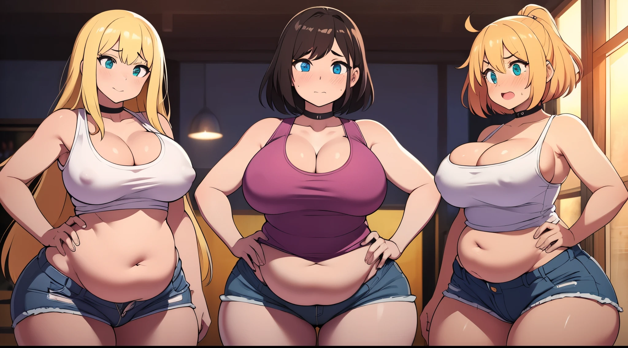 ((Masterpiece)), perfect anatomy, perfect shading, field of depth, (best quality), extremely delicate and beautiful, perfect lighting, detailed face, ultra cute face, cute, (cowboy shot 1.2), full body, (((2girls))), ((2 girls 1 and 2))
Girl 1: has long hair, fluffy hair, blonde hair, blue eyes, ((blush)), (embarrassed), extremely tight clothes, medium breasts, cleavage, perky breasts, ((wide hips)), (thick thighs), ((chubby)), pudgy belly, fat rolls, belly hang,
Girl 2: has short hair, fluffy hair, brown hair, green eyes, ((blush)), worried, chocker, extremely tight clothes, medium breasts, cleavage, perky breasts, (((wide hips))), ((thick thighs)), ((big butt)), ((plump)), chubby belly, fat rolls, belly hang, she has a jiggly belly,
Fast food resterant, intricate background, detailed background, girls are standing next to each other, (white tank top 1.2), (shorts 1.2), hands on hips, harem, girls lined up