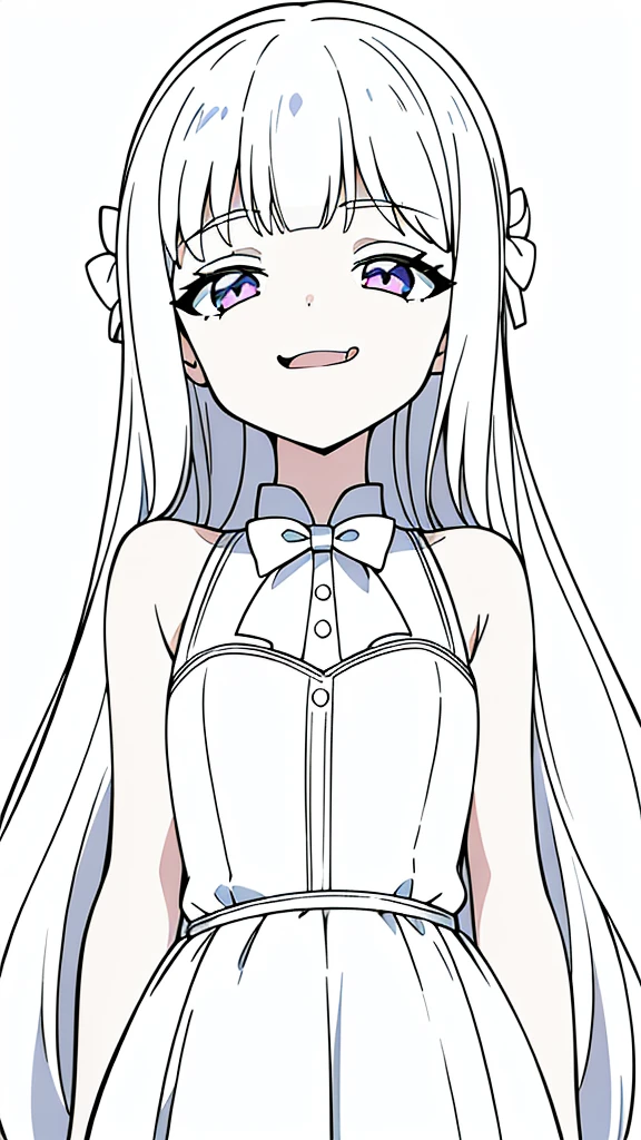 (1girl,8 years old,small),white hair,long hair,white dress, sleeveless, bow tie, bare shoulders,(white background,line drawing),squinted eyes,:D, tongue out,evil smile,from below