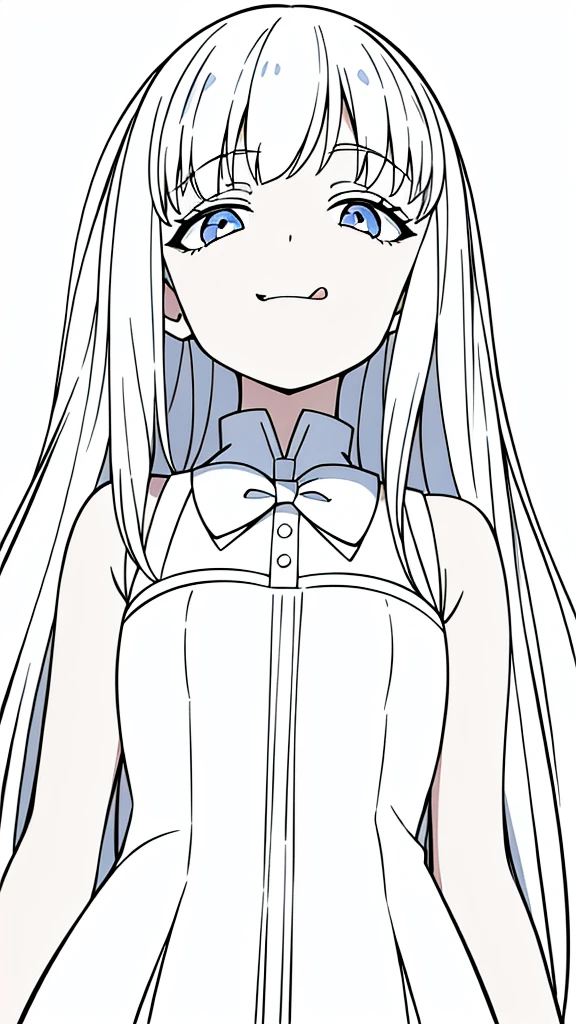 (1girl,8 ,small),white hair,long hair,white dress, sleeveless, bow tie, bare shoulders,(white background,line drawing),squinted eyes,:D, tongue out,evil smile,from below
