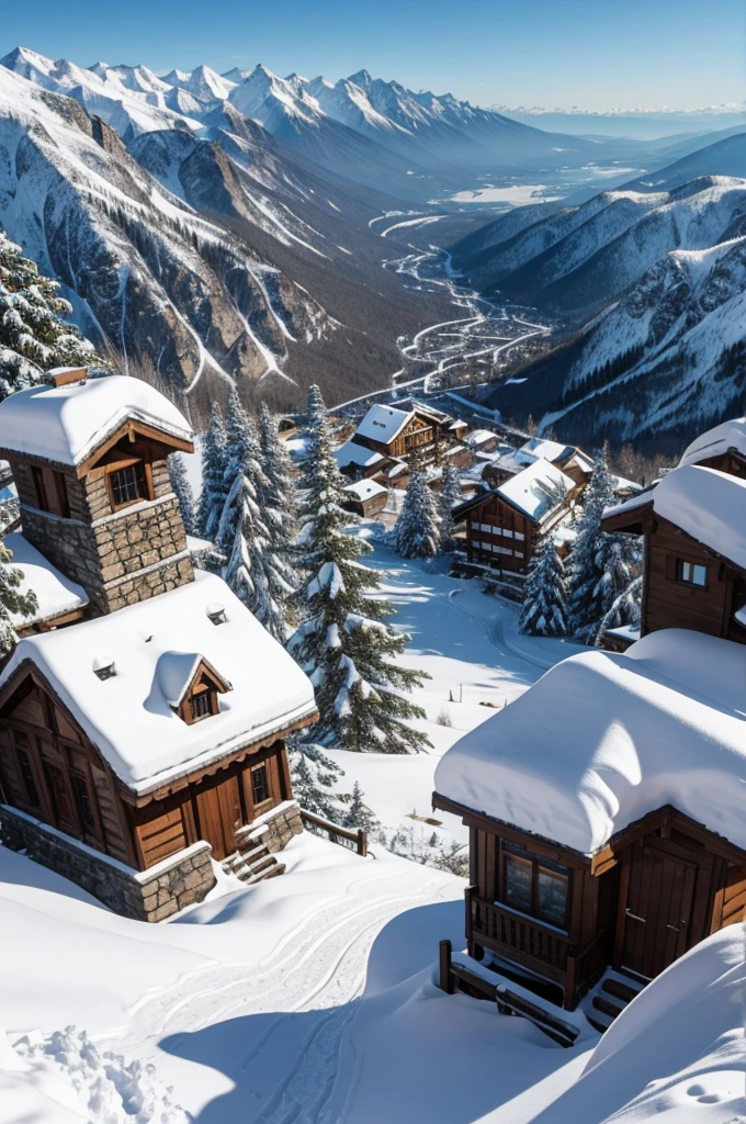 city built on top of a snowy mountain, stone buildings