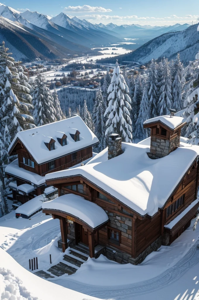 city built on top of a snowy mountain, stone buildings