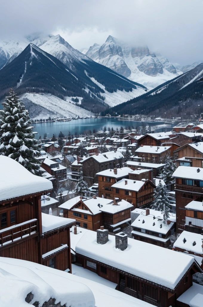 city built on top of a snowy mountain, stone buildings