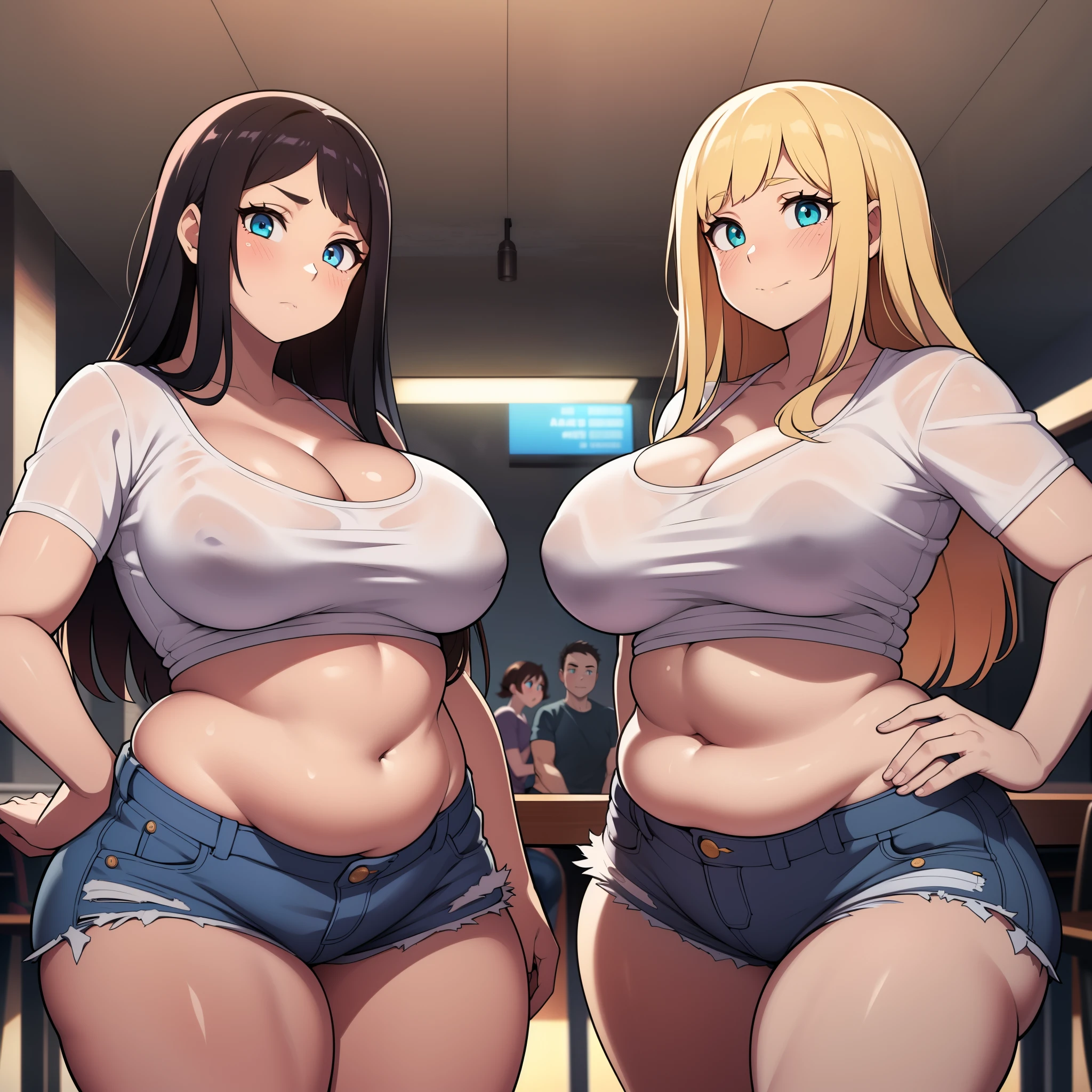 ((highres)), Masterpiece, high quality, best quality, beautiful, perfect lighting, detailed face, ultra cute face, looking at viewer, ((2girls)), blush, one girl has blonde hair, blue eyes, crop top and shorts, one girl has brown hair, green eyes, jeans, white shirt, fast food restaurant, cleavage, medium breasts, ((wide hips)), (thick thighs), (fat ass), ((plump)), chubby belly, belly grab, fat folds, standing next to each other,