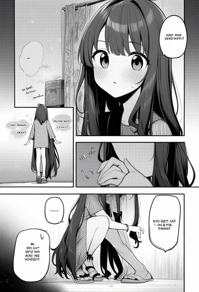 1girl, rei \(rei's room\), moketa, idolmaster, gakuen idolmaster, shinosawa hiro, aged down, bracelet, comic, hand on another's leg, jewelry, long hair, sandals, shoes, sneakers, squatting, very long hair, absurdres, greyscale, hatching \(texture\), depth of field, english text, speech bubble, ((very aesthetic, best quality, ultra detailed))
