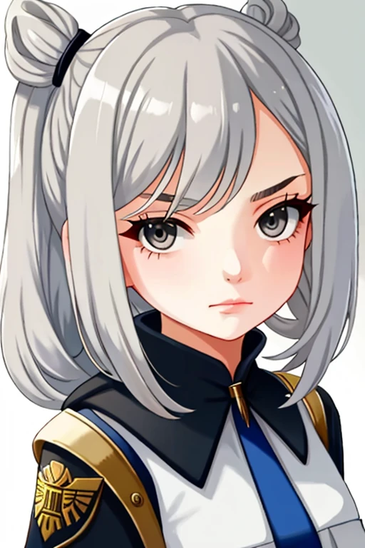 young girl with long light grey hair, grey eyes, and has an apathetic expression on her face