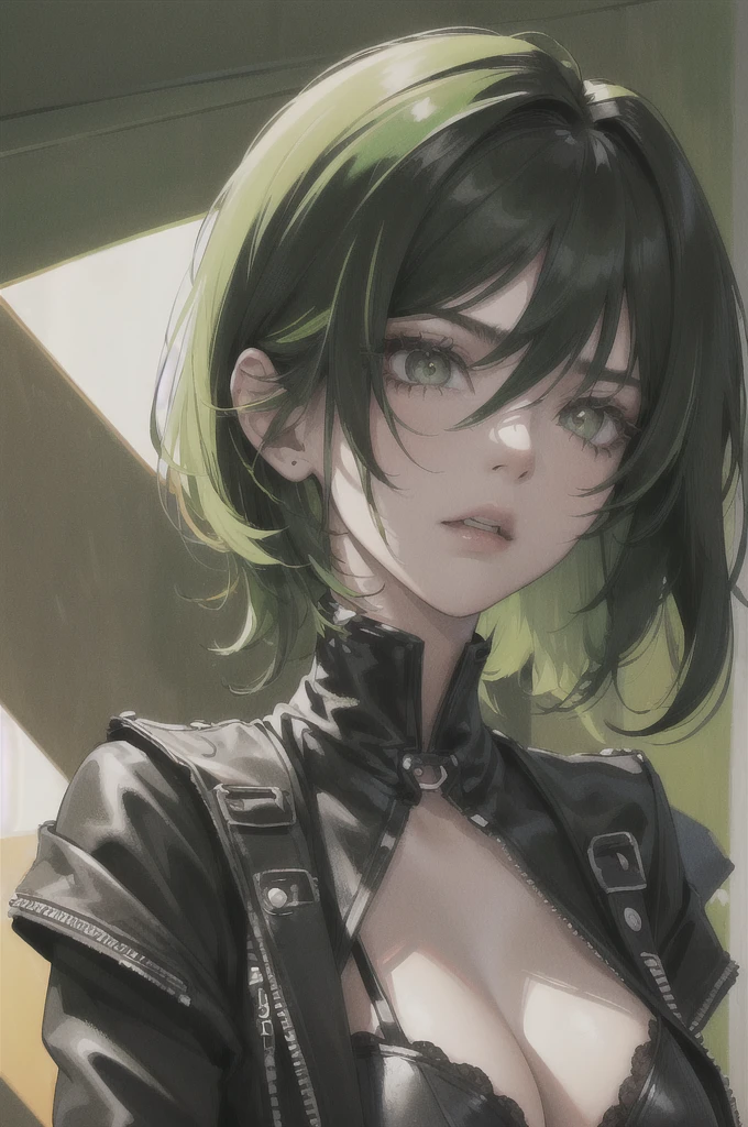 (highest resolution, distinct_image) Best quality, a female's masterpiece, highly detailed, semi realistic,(most of body), (best quality, masterpiece, ultra-realistic), portrait of 1 beautiful  girl,black hair, wolfcut, emo, darkskin, emo outfit, y2k,angry expression, snap, ripped black bangs, open jacket, shadow over eyes, furious, soarypaint background, green sparks,shorthair, Wolfcut hair, green streaks in hair, eyes down, mad
