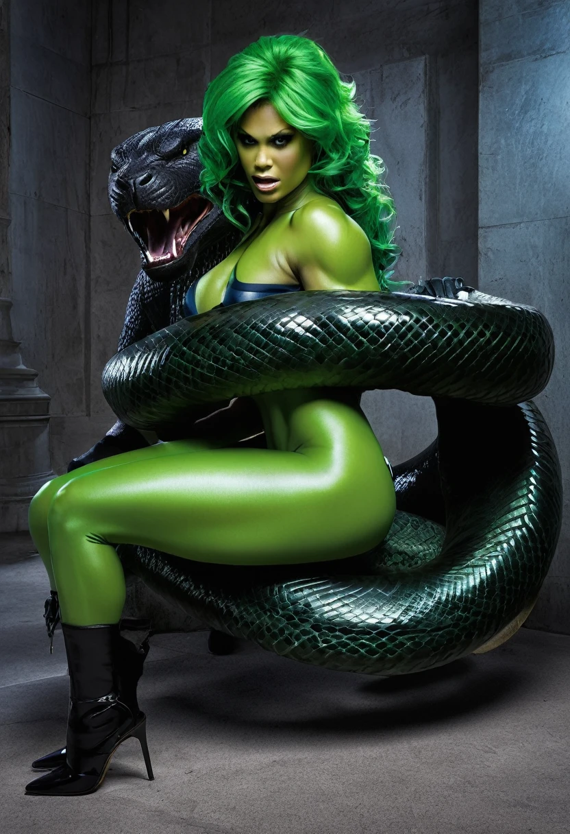   Happy Horny, aroused 1girl), beautiful kneeling blonde She-hulk with  giant colossal black titanboa squeezing her hard, wrapped in thick spiraling coils, constricted, struggle, gasping for air, snake attack, snake peril, moonless night, dim light