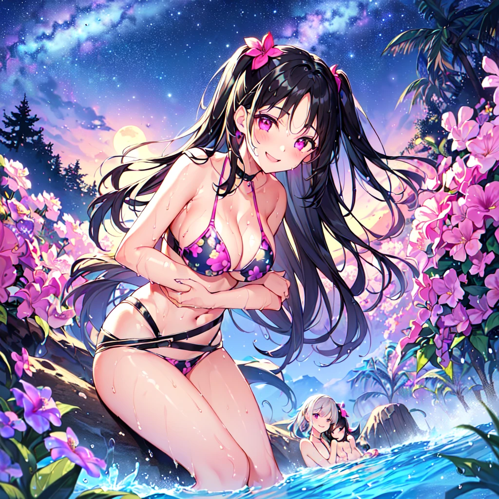 masterpiece, best quality, high quality, extremely detailed, very delicate and beautiful, (2 female 18 years old two:1.3), (long black hair up to waist with two side up:1.4), bangs to eyebrows, eyes (eyes sharp and strong with glossy glossy eyes, eyebrows glossy, (eye color magenta:1.3), 6.5 head height, (summer flower print in bikini swimsuit:1.3), (hugging: 1.3), (smiling: 1.3), (bathing and wet: 1.3), (dynamic pose), (background summer river and forest: 1.3), (Milky Way Night Sky: 1.3)