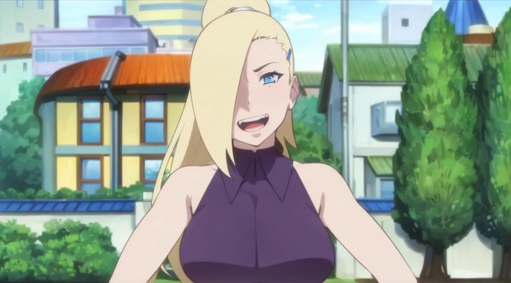 thong bikini, milf, suntanned, (excited look), Ino yamanaka, gazing at viewer, Face ultra detailed, Sunnyday, day time, upper body view, anime styling, 独奏, (Pure white bikini), detailed beach side, neckleace , (medium breasts), blonde, ((an eye covered in hair, hair over eye)), gazing at viewer, big arms, (shoulders off, broadshouldered, very small biceps, curved body), hidden eye, ssmile , gaping mouth, very happy, Bullish, hair clip, keen gaze, sharp face, keen eye, long neck, crotch, へそ, cool colours, double bra, thicc thighs