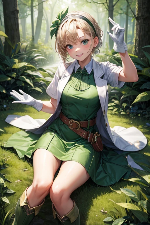 Masterpiece, Best Quality, fever, hair band, green dress, White jacket, short sleeves, Gloves without fingers, belt, green boots, session, drop record, forest, looking at the viewer, SMILE