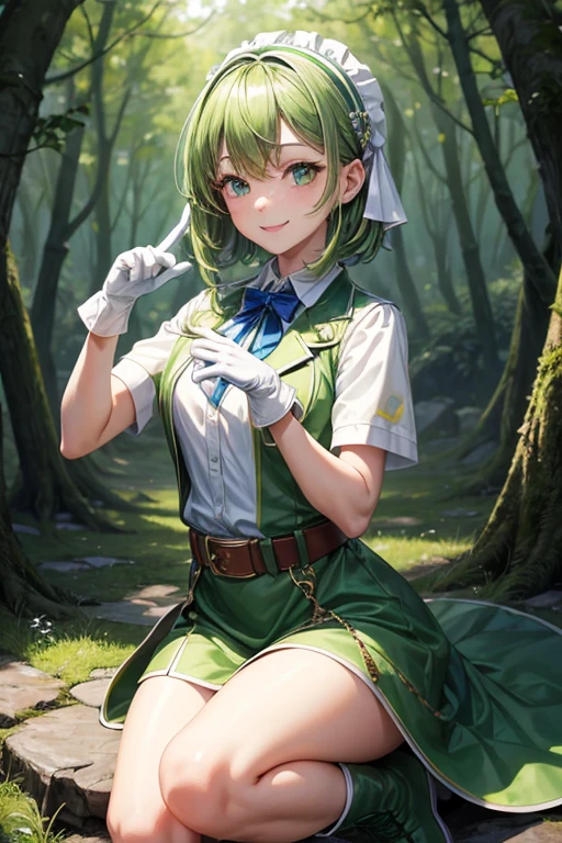 Masterpiece, Best Quality, fever, hair band, green dress, White jacket, short sleeves, Gloves without fingers, belt, green boots, session, drop record, forest, looking at the viewer, SMILE