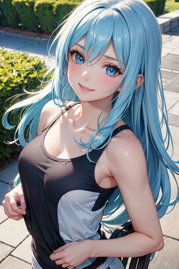 (Best Quality,High resolution,8K,finelity detailed background,Masterpiece:1.2),beautiful girl,Shiny light blue hair,messy hair,Light blue eyes,Gentle look,A refreshing look,Best quality,Best Quality,Aesthetic and aesthetic:1.2,Best details((Super detailed))(High-definition CG illustrations),Tank top,Training wear,Slender body,Training Gym,smile,blush,cute,Scrounge,Looking up,Being spoiled,super model,shoot from above